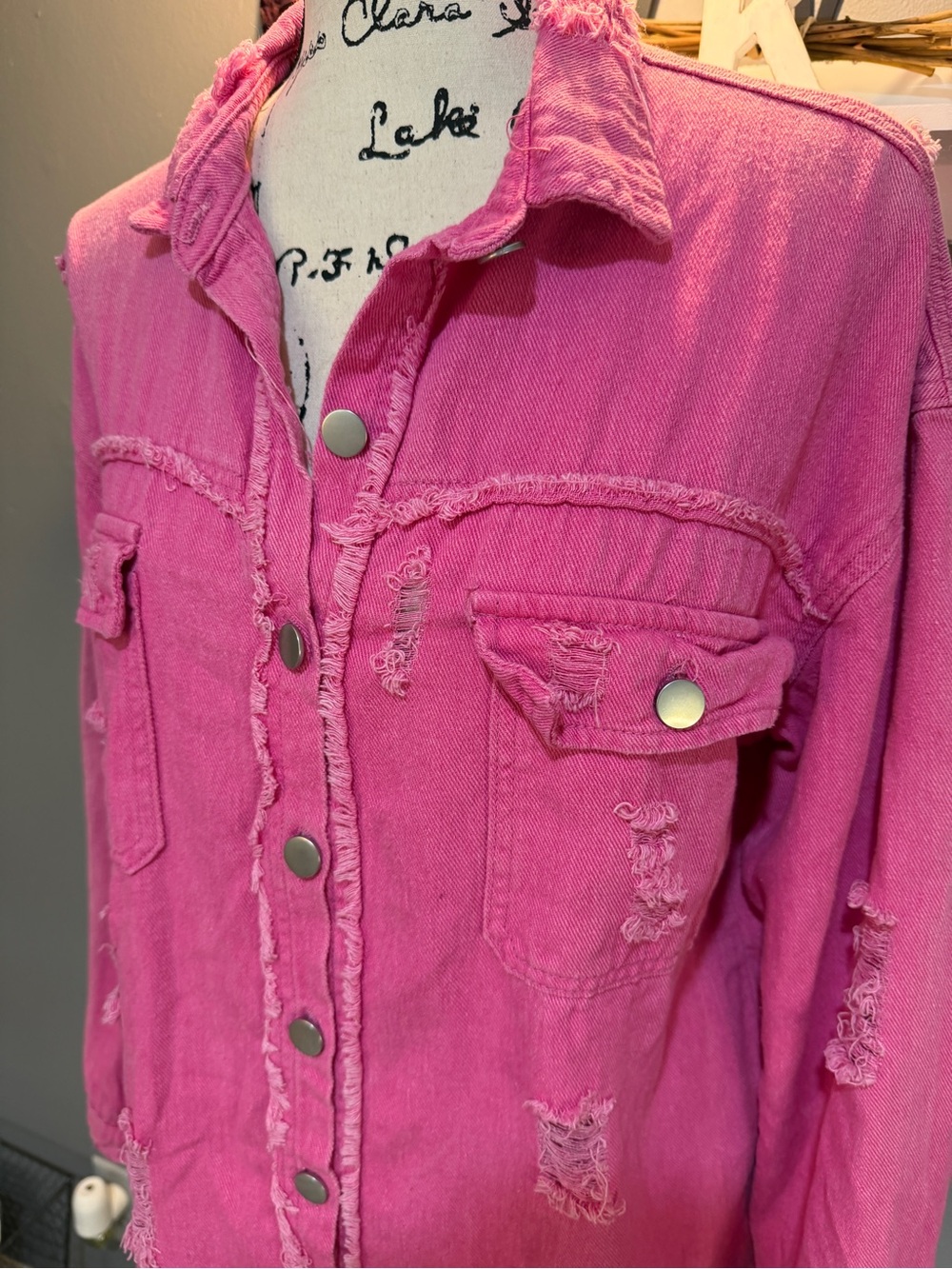Pink Distressed Button-Front Jean Jacket - Picture 3 of 7